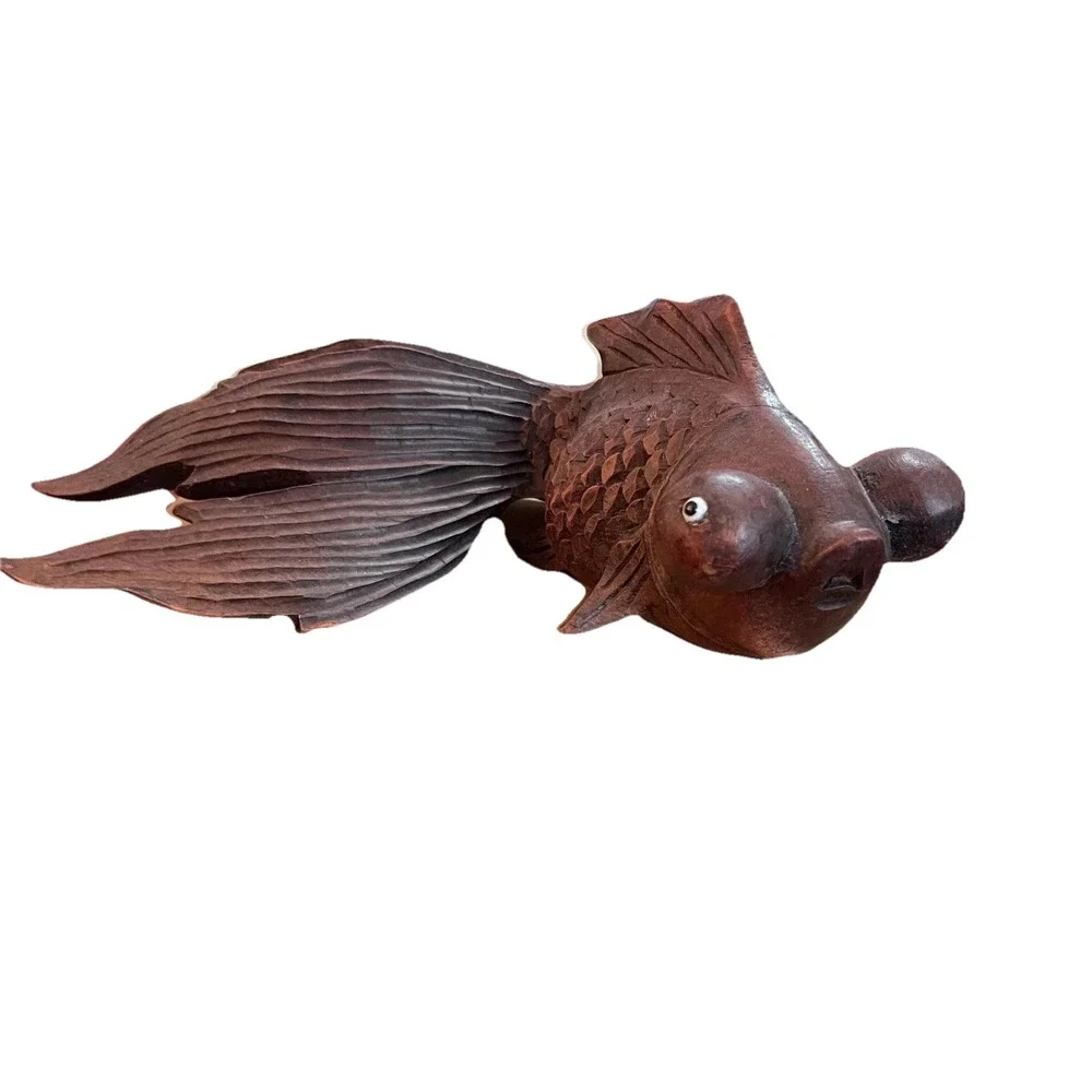 Hand Carved Wood Goldfish Figurine‎ Bubble Eye Sculpture Brown Nautical Decor